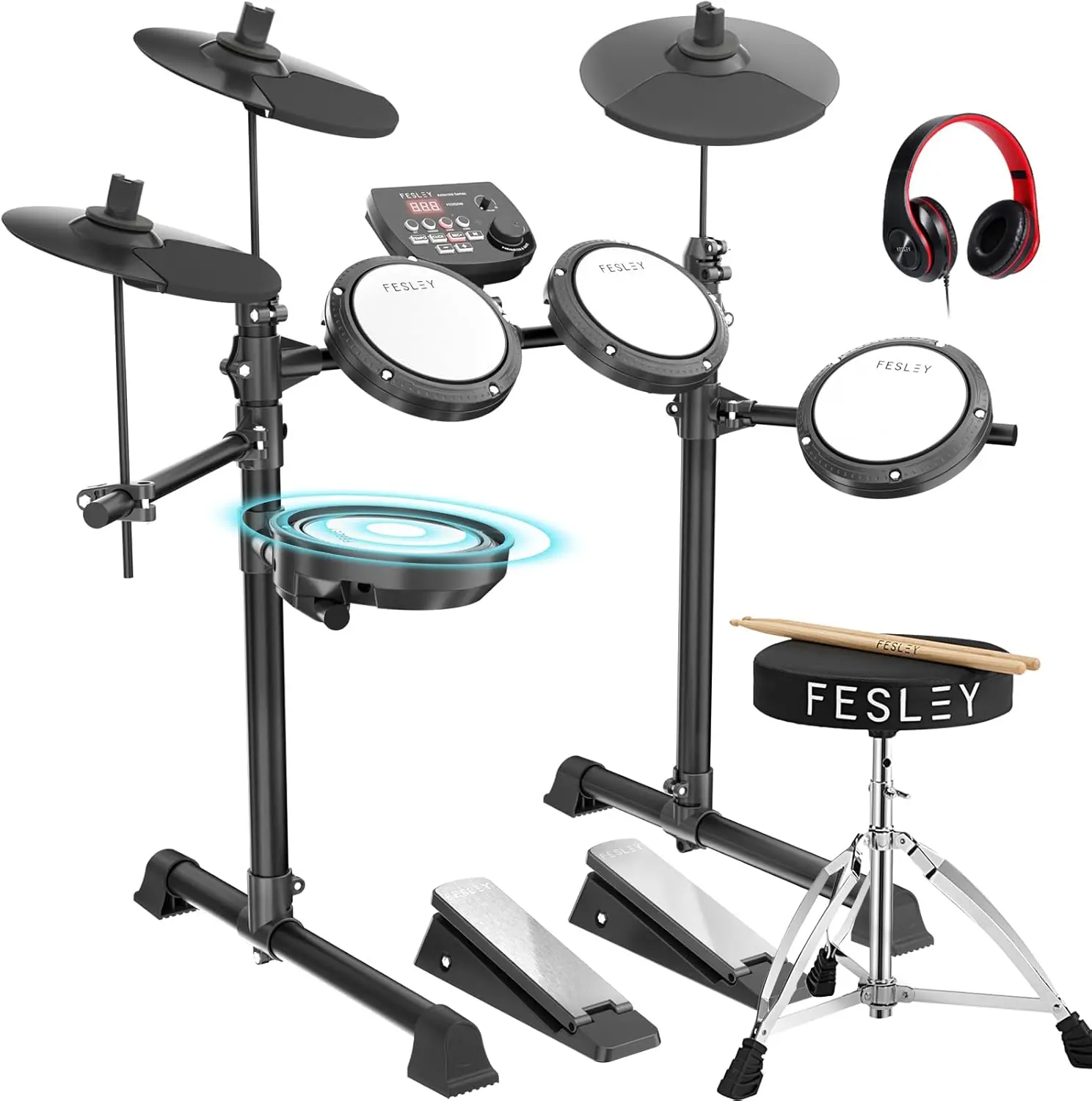 Electric Drum Set: Electronic Drum Set with 4 Quiet Mesh Drum Pads, Dual Zone Snare Drum, 2 Cymbals w/Choke, Port