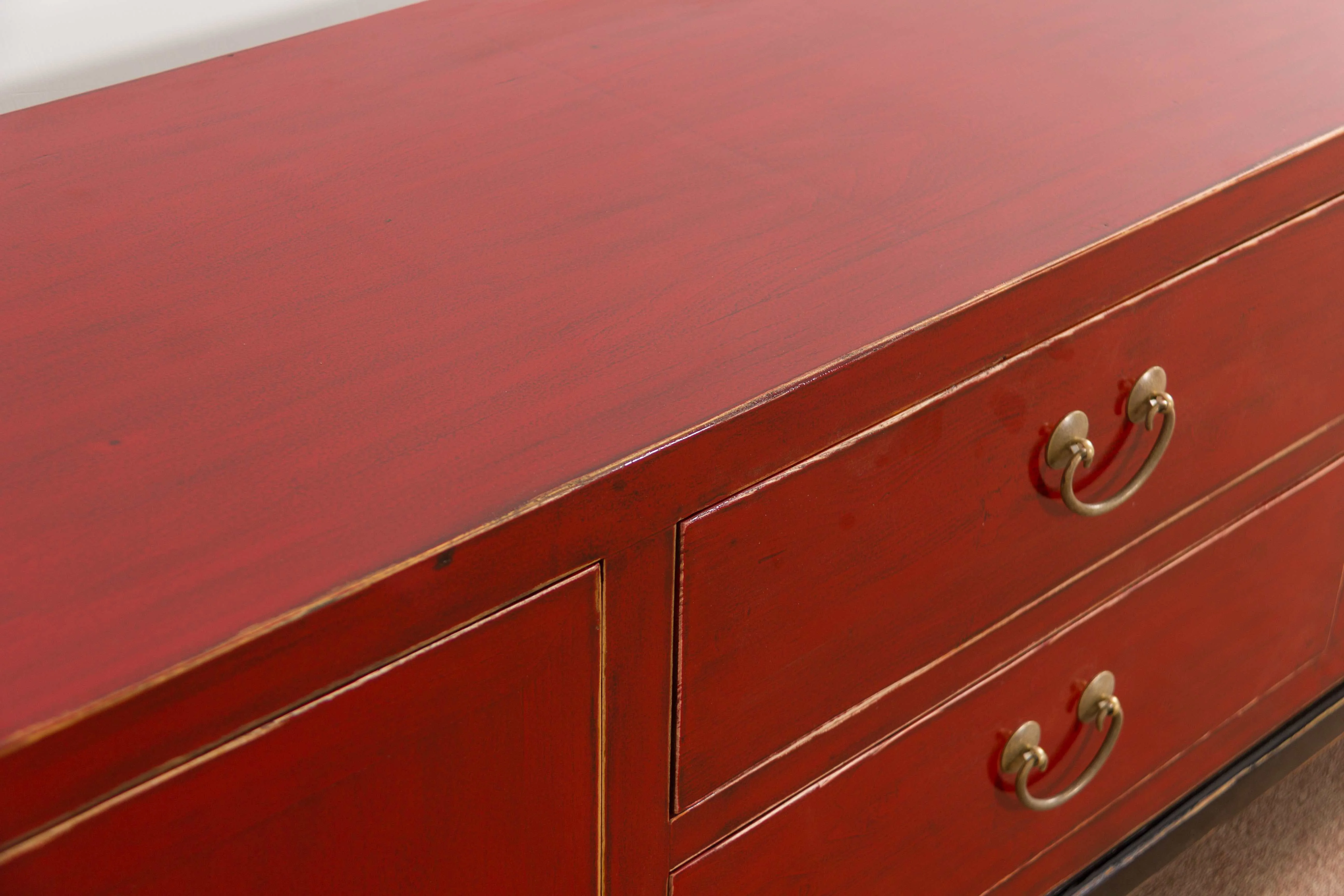 ❁w Chinese Console Table Distressed Brass Double Doors 3 Drawers Long Leg Designer Multifunctional Entryway Dining Cabinet o