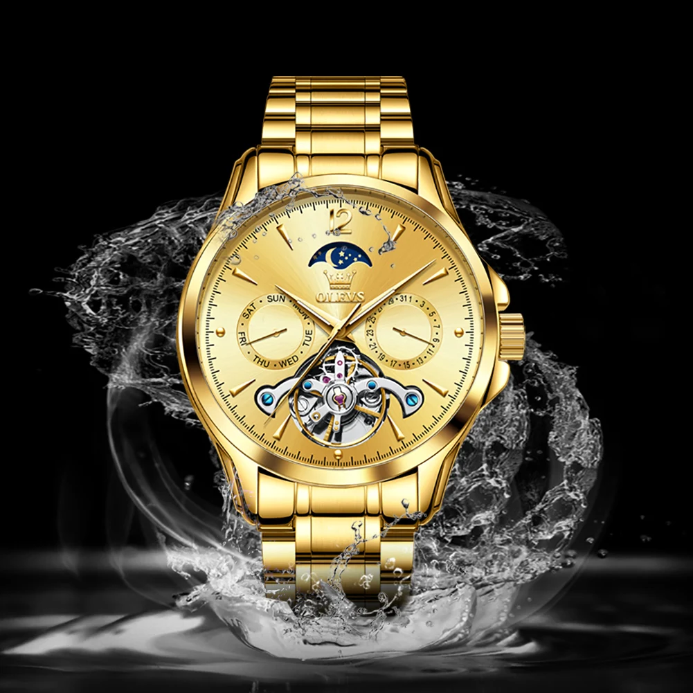 OLEVS 6663 Orologio da uomo meccanico completamente automatico con volano Calendario Settimana Fasi lunari Finestra Settimana Quadrante Orologio da uomo luminoso impermeabile