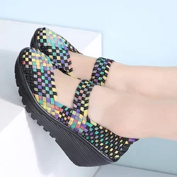 Women Summer Platform Woven Shoes Ladies Middle Chunky Heel Wedge Beach Sandals Casual Stretch Fabric Hollow Out Loafers Fashion