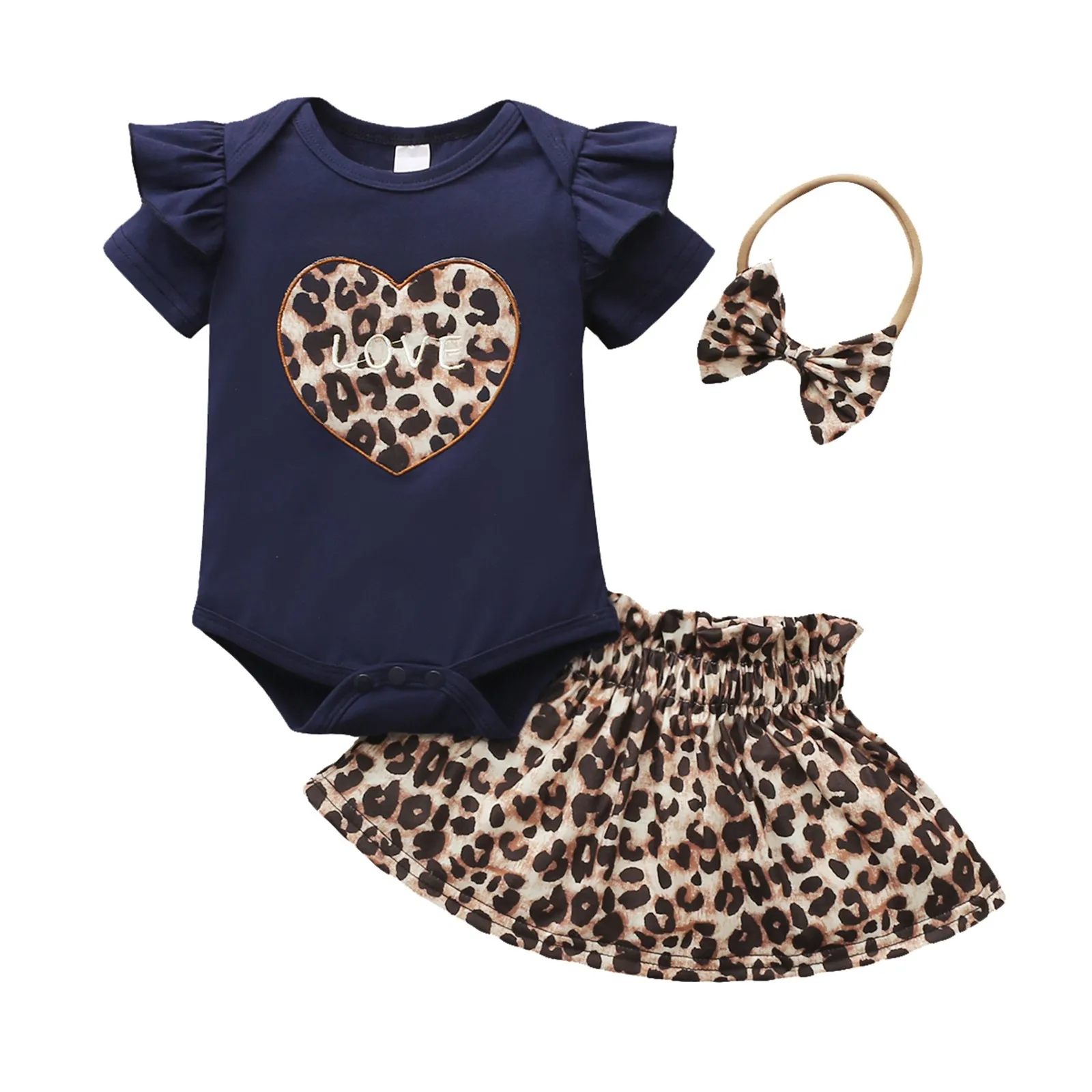 2024 Summer Dress Newborn Infant Baby Girls Valentine Leopard Print Romper Bodytsuit+Skirt Set детская одежда Ropa Para NiñAs