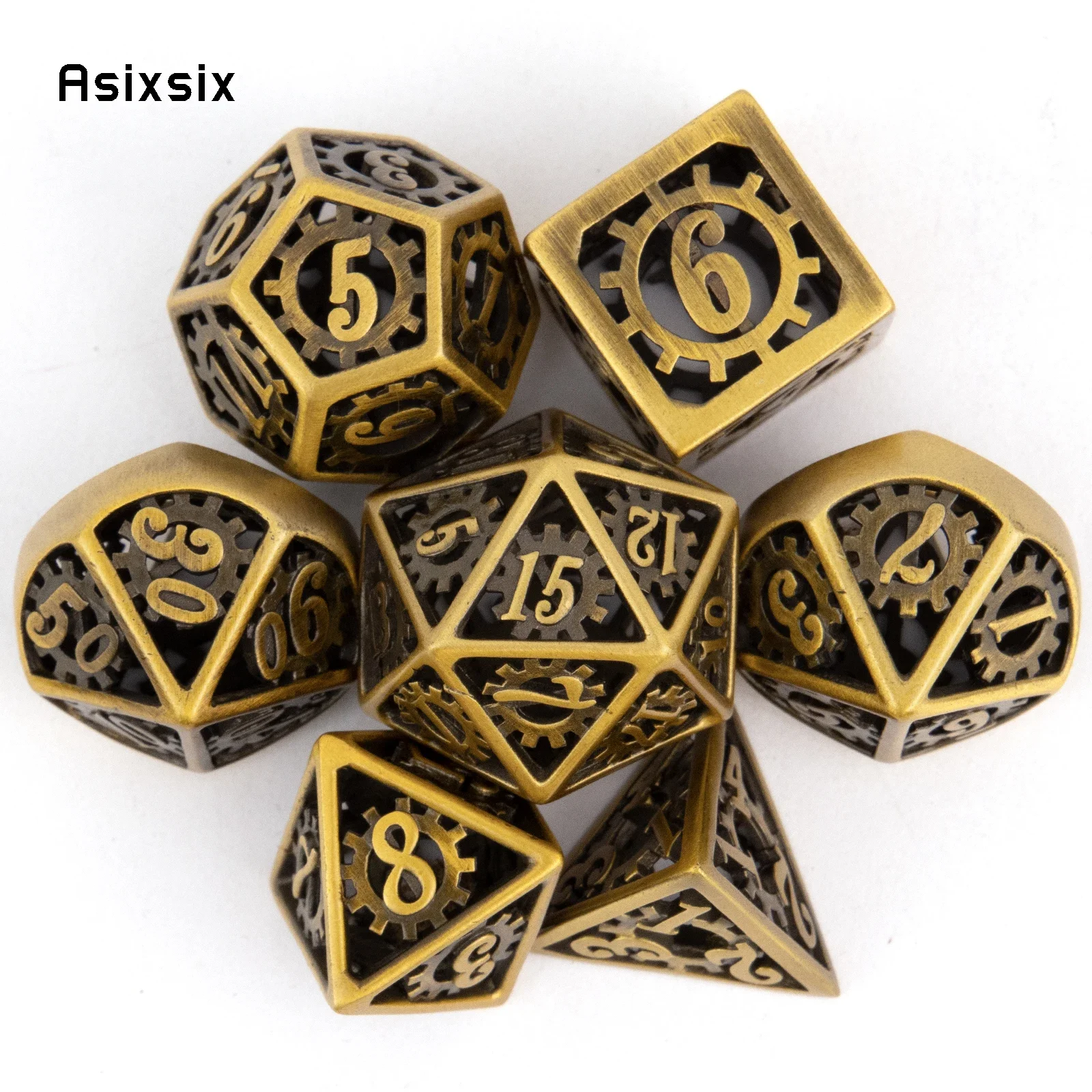 

7 Pcs Yellow Gear Wheel Metal Dice Hollow Metal Polyhedral Dice Set Suitable for Role-Playing RPG Board Game Gift