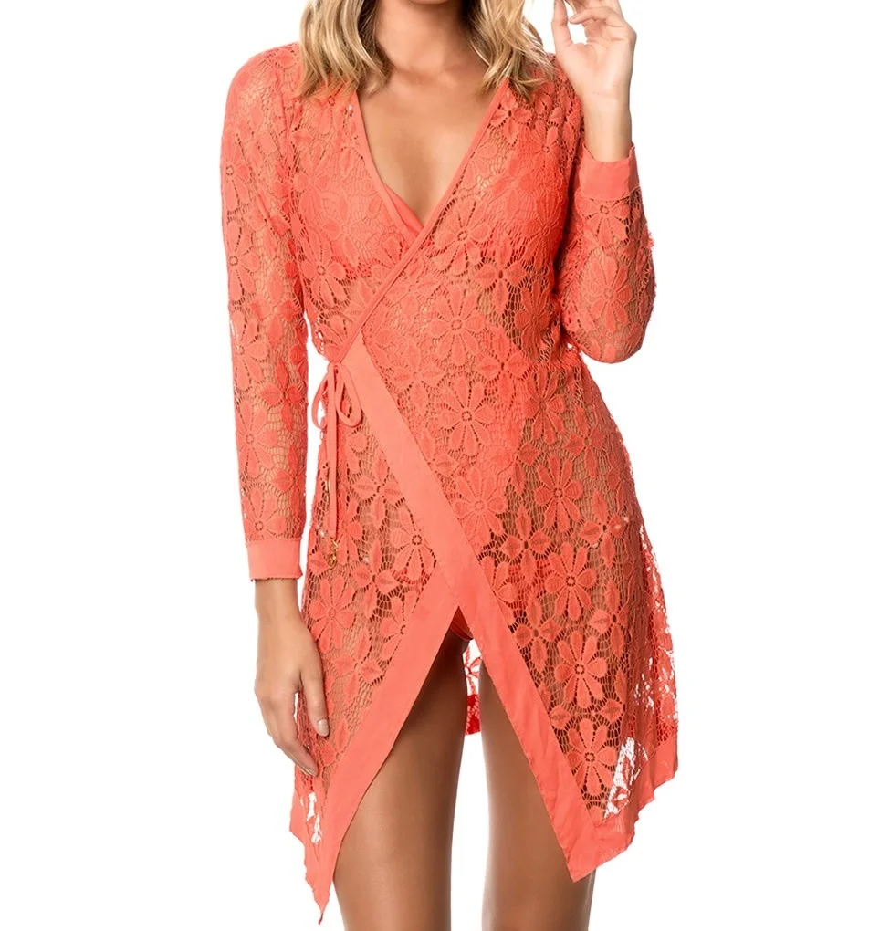 Women's Lace Beach Cover Up New V-Neck Sheer Long Sleeve Swimwear Wrap Floral Pattern Beachwear for Summer Vacation