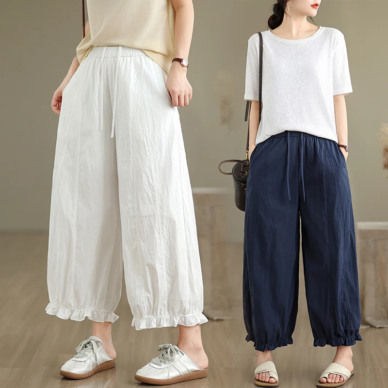 الصيف المرأة كشكش هيم مرونة الخصر Dstring فانوس زهرة السراويل واسعة الساق تسع نقاط بناطيل كاجوال فضفاضة تناسب رقيقة #5