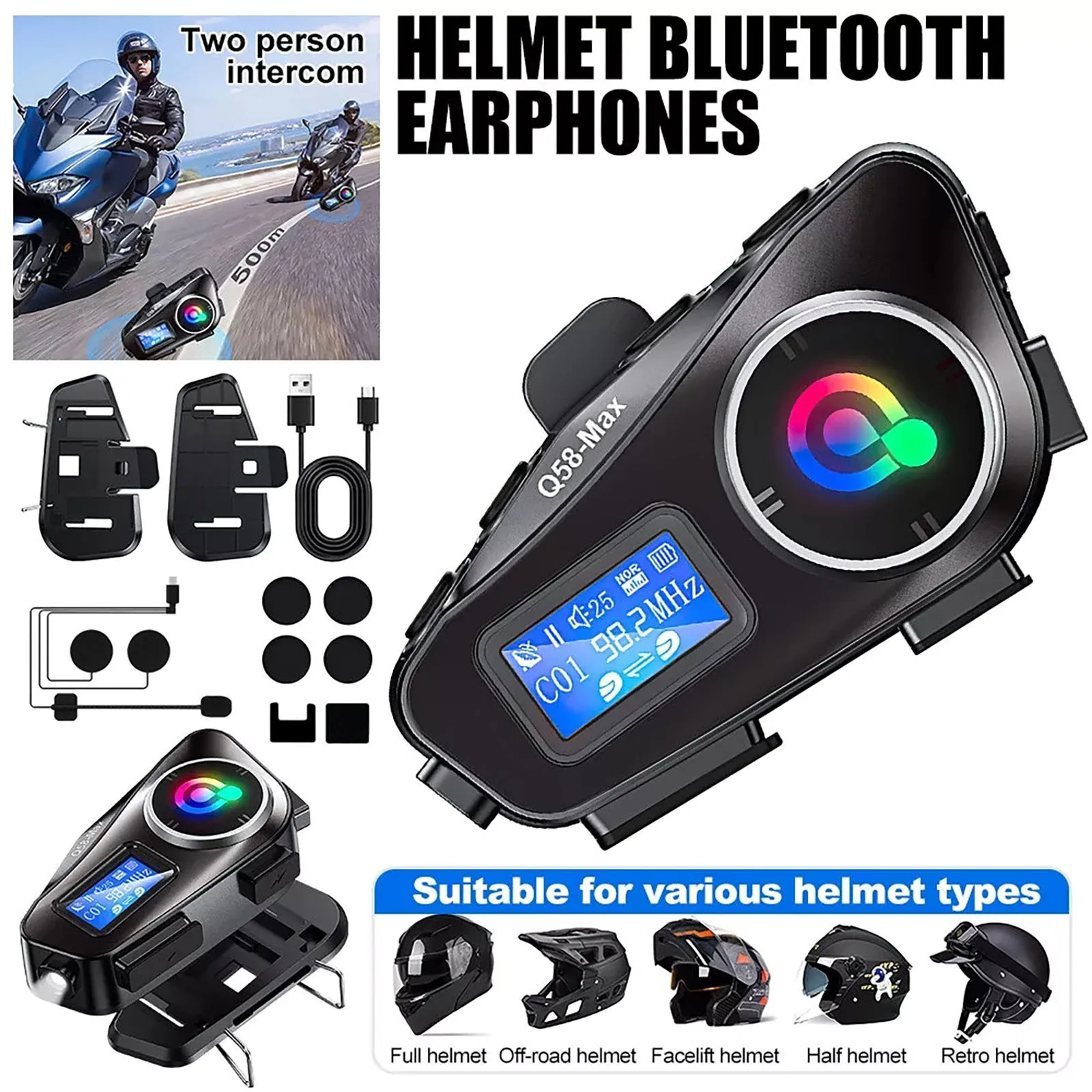 Motorcycle Intercom Helmet Dual-core Bluetooth Headset LCD Waterproof Riders Music Sharing Earphone TF Card Playback 500m Q58MAX