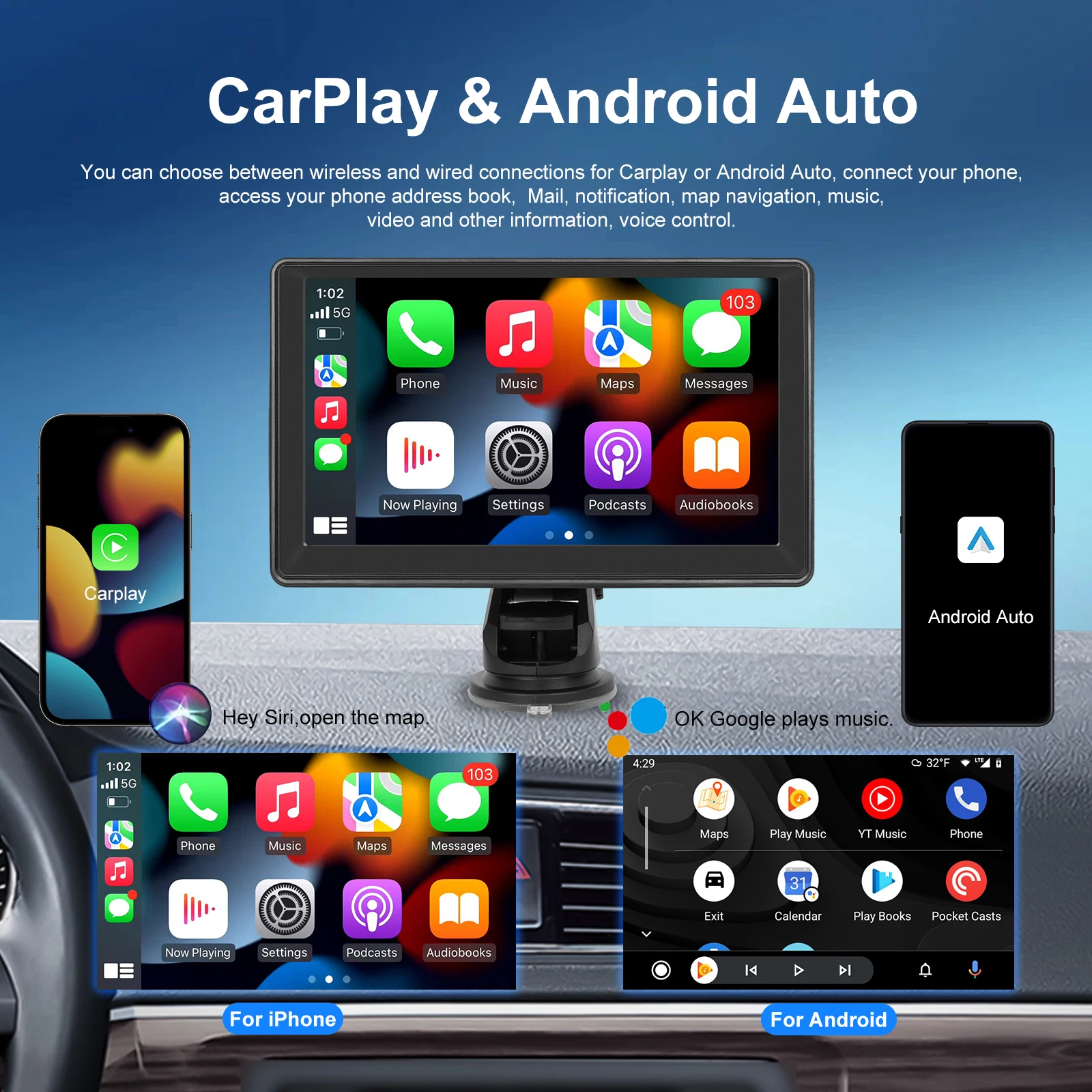 Podofo 7'' Smart Screen Player Carplay Android Auto Aiplay Android Cast EQ Monitor Samochodowy AUX Audio FM Transmisja BT Odtwarzacz Samochodowy — zdjęcie produktu 3