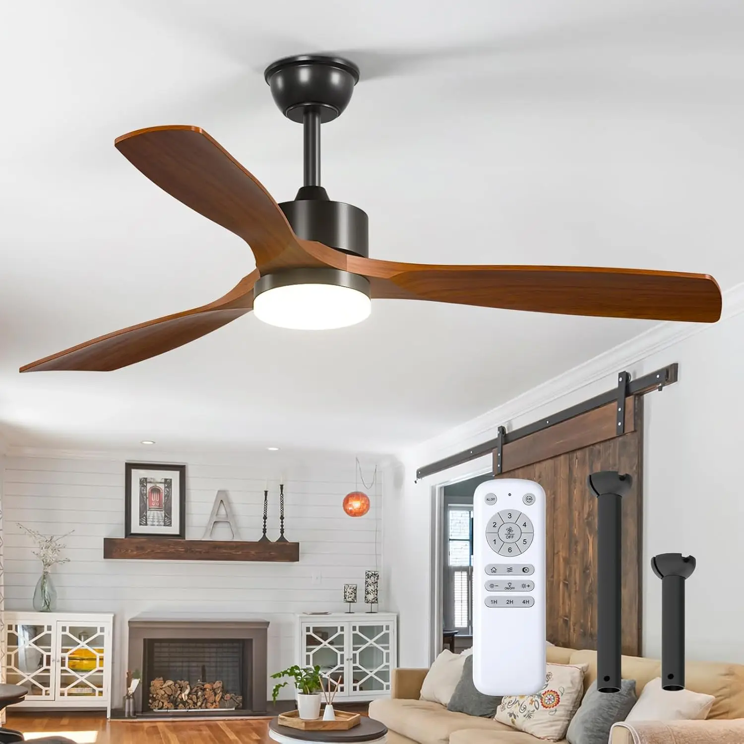

52 inch Ceiling Fan with Light and Remote, 3 Wood Blades, 6 Speeds, Dimmable, Reversible, Quiet, Indoor/Outdoor