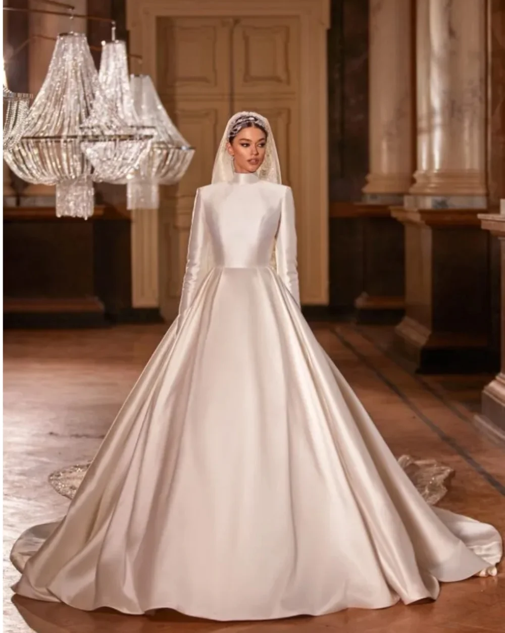 New Simple Plain Satin Wedding Dress High Neck Long Sleeves A-Line Floor-Length Bridal Gown Party Dress Vestidos De Novias 2024