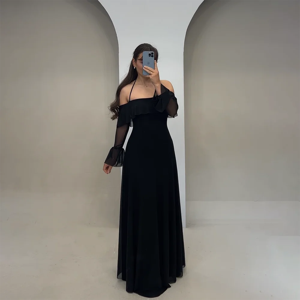 

Evening Dresses Halter Long Sleeve Tulle A-Line Prom Dresses Formal Gowns Party Wedding Guest Dresses فساتين سهرة
