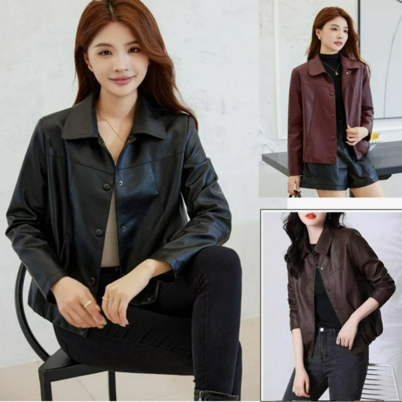 2026 Spring Autumn New Single-breasted Leather Jacket Single-lining Leather Women Slimming Motorcycle Women Short Leather Coat