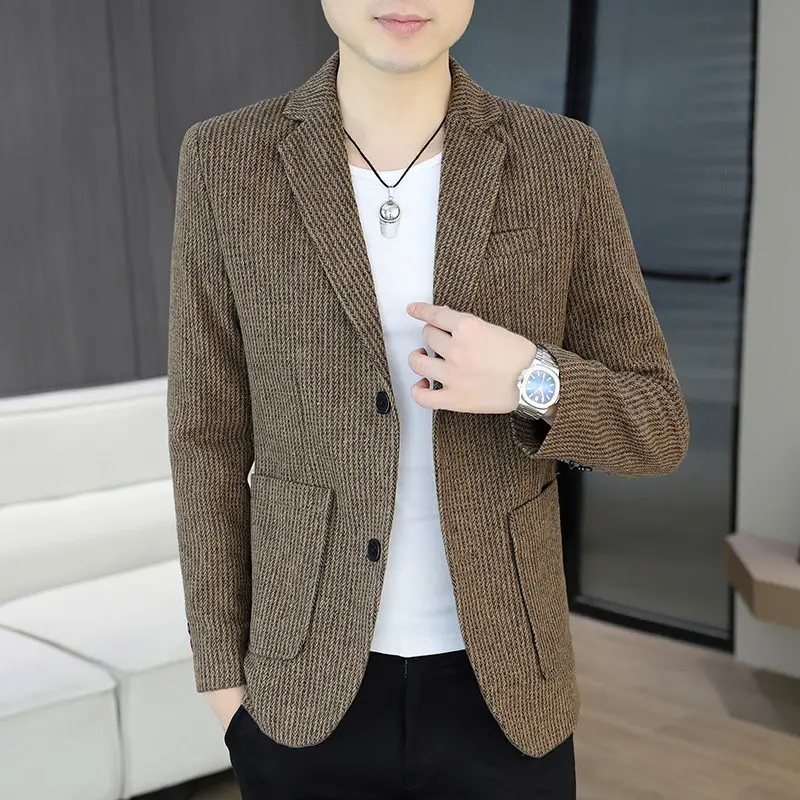 

Мужской приталенный повседневный пиджак с двумя пуговицами в корейском стиле, однобортный, молодежный, универсальный, в британском стиле, для отдыха