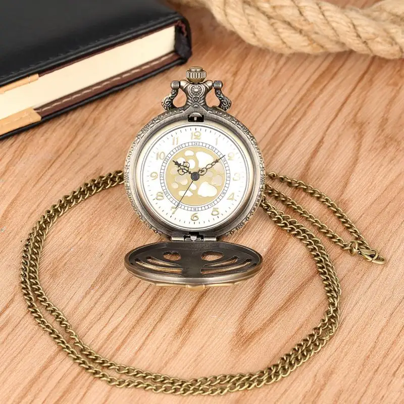 Vintage Ghost Skull Design Bronze Skeleton Steampunk FOB Analog Pocket Watch with Chain  Quartz Alloy Necklace Watch Gifts Men