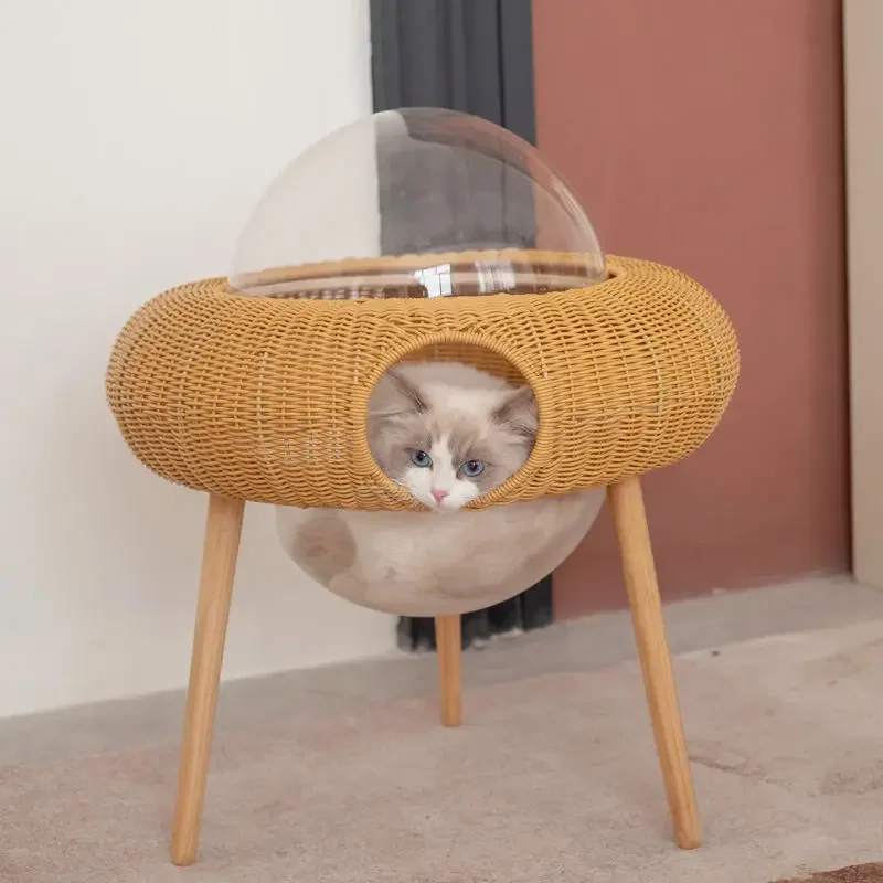 Universal Rattan Cat Nest Winter Warm Fully Enclosed Four Seasons Removable and Washable Capsule Space Cat House Villa Cat Bed