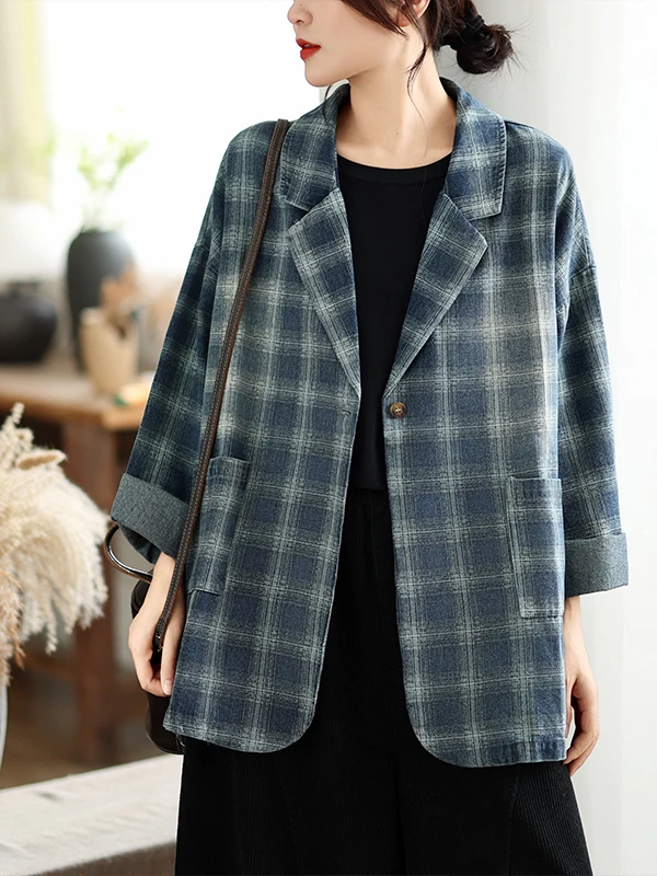 Retro Plaid Washed Denim Suit Jacket Women's Loose Casual Large Size Open Cardigan Top Fashionable Autumn Wear