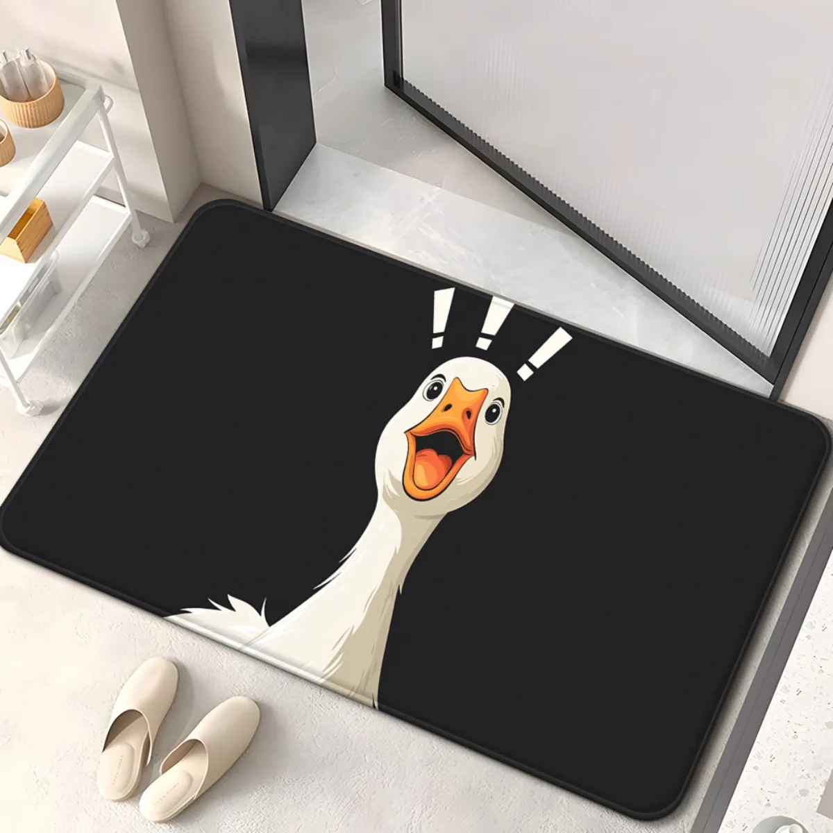 1pcs Surprised Goose Doormat Black Base White Duck Cartoon Print Non Slip Washable Microfiber Entry Rug