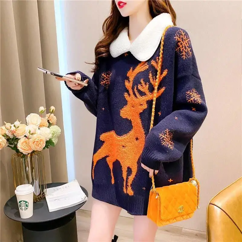 Christmas Cartoon Pullovers Women Clothes All-match Printing Turn-down Collar Long Sleeve Mid Length Top Autumn Winter Sweater