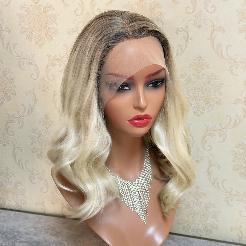 Balayage Lace Front Wig 14Inch HD Lace Wig Light Ash Blonde Natural Wavy Wig Ombre Darker Roots Synthetic Heat Resistant Fiber