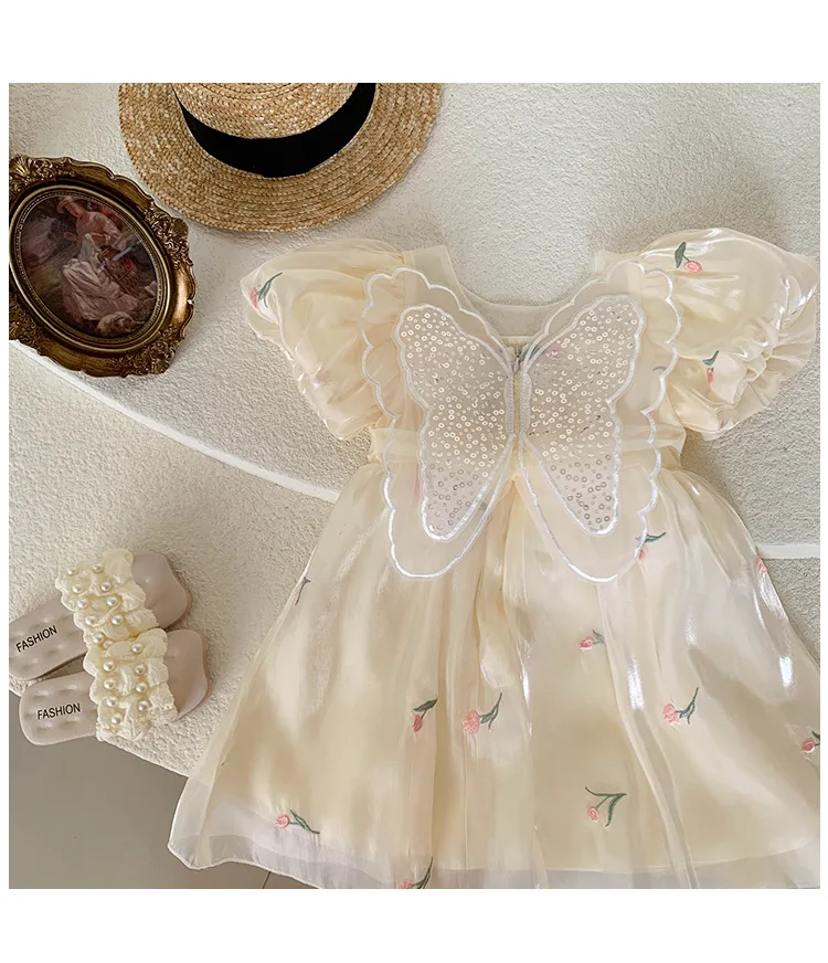 

Детское платье с короткими рукавами для девочек, детская юбка в форме бабочки с блестками и пышными сетчатыми рукавами, нежная юбка с цветочной вышивкой
