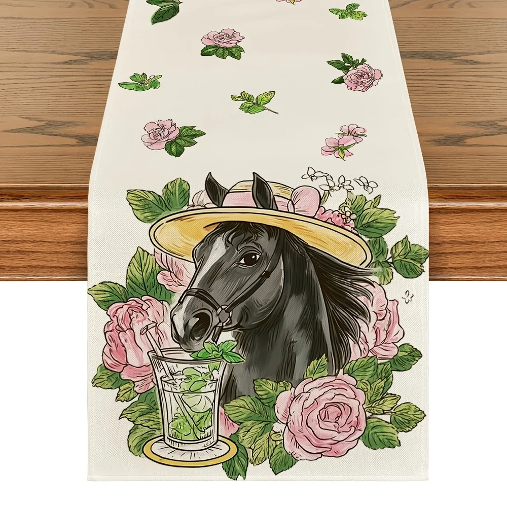 1 Piece of Table Runner with Horse-Colored Pink Rose and Mint Leaf Pattern, Suitable for Farmhouse, Indoor, Kitchen, Celebrations, Table Decoration, Restaurant, and Banquet Decoration Supplies