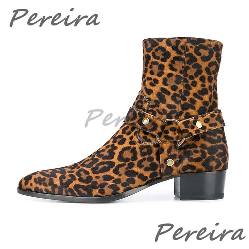 Leopard Print Horse Fur Chelsea Boots Metal Ring Strap Genuine Leather Pointed Toe High Top Boots Autumn Winter New Men's Shoes