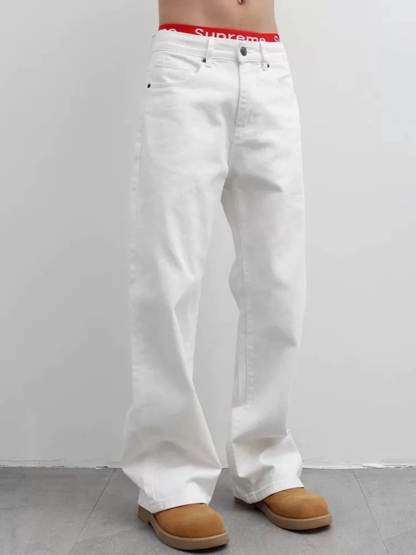 【HME】Men's Jeans | Street Fashion Denim Pants, Solid White Flared‑Leg Denim Trousers With Fine Craft Stitching, Versatile Casual Pants, Well‑Built Denim Bottoms, Trendy Male Denim Apparel For Multiple Daily Occasions
