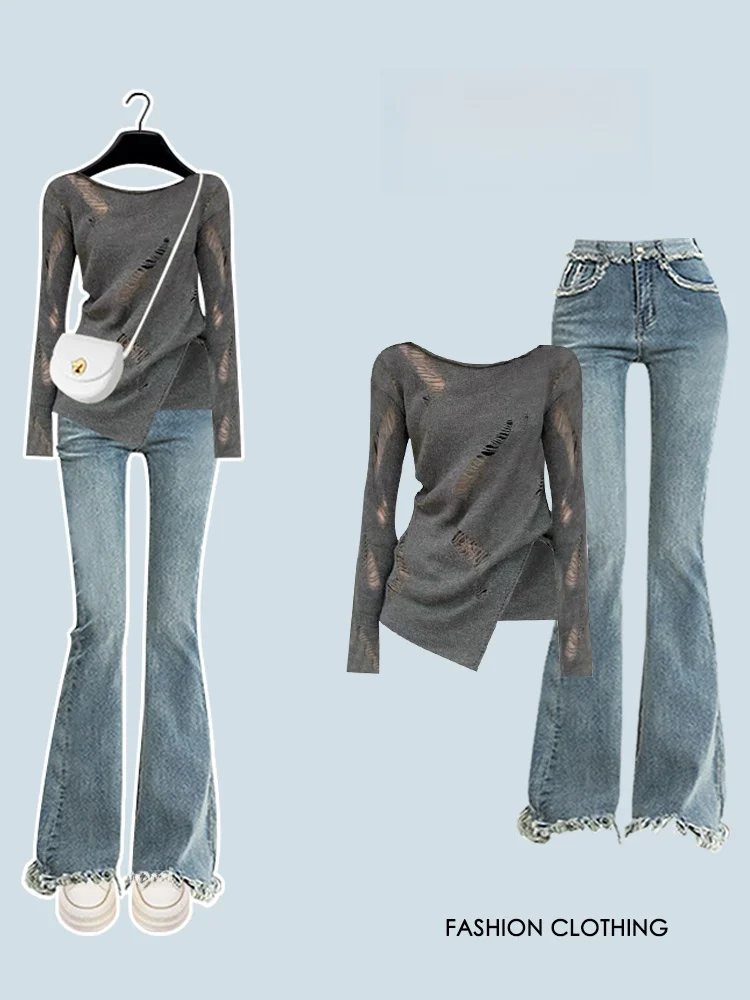 

Lace Knit Long Sve Women's Top Slimming Flared Jeans Trendy Hong Kong Sle Early Autumn Faion Set Casual Work orm