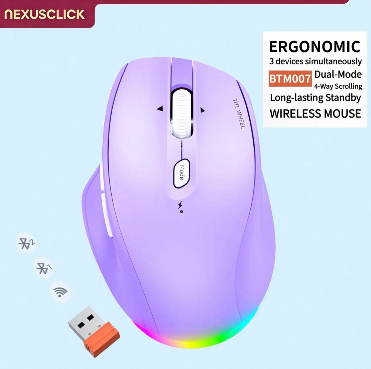 NexusClick Dual Mode Wireless Rechargeable Mouse,Ergonomic Thumb Support,RGB Silent Mice Multi-Device Connection for Office Home