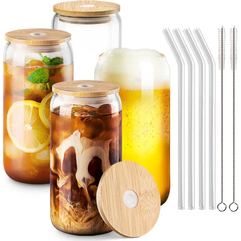 

Reusable Glasses with Bamboo Lids and Glass Straw Beer Can Shaped Drinking Glasses Iced Coffee 2 Cleaning Brushes 17oz 4Pc Set