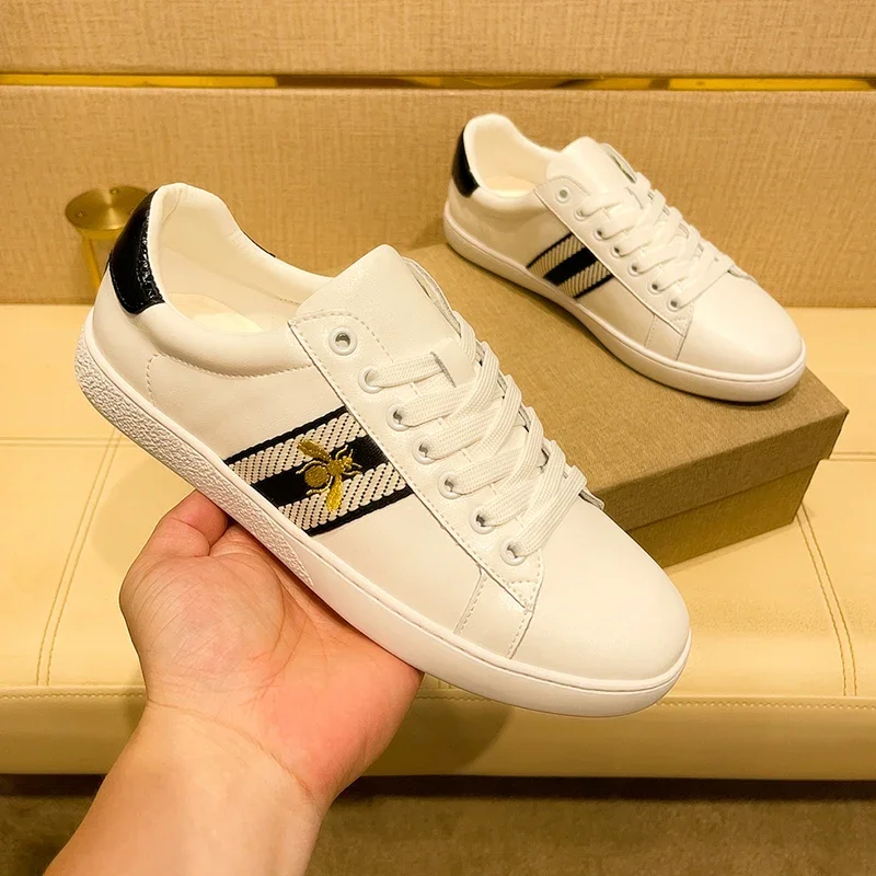 Brand Fashion Embroidered Bee Shoes Man Quality Genuine Leather Men's Skate Shoes Luxury Designer Sneakers zapatos de skateboard