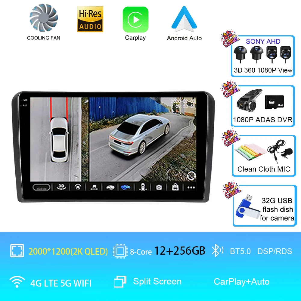 Android 16 Carplay Auto voor Audi A3 8P 2003-2013 autoradio 2din multimediaspeler GPS navigatie audio stereo DSP 360 camera 4G