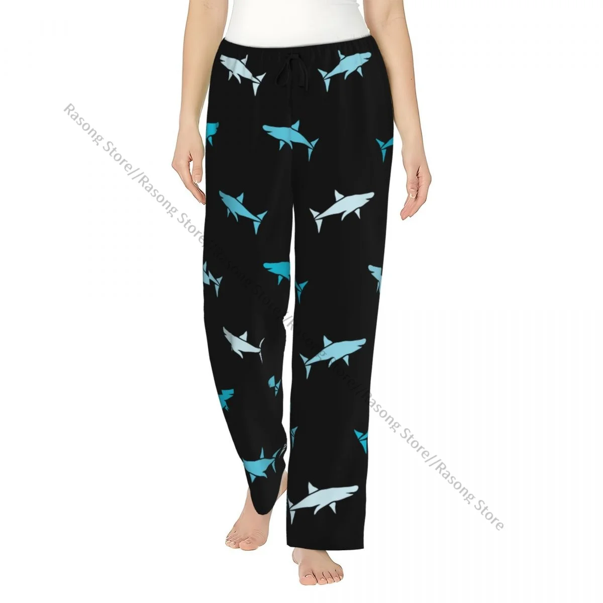 Warm Women Pajama Pants Abstract Sharks Flannel Sleep Bottoms Soft Fleece Loungewear