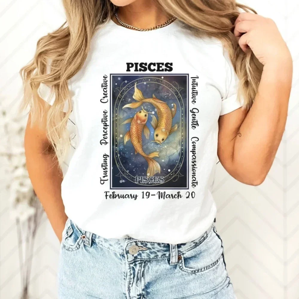 2025 Pisces Women's Shirt Zodiac High Quality Pisces T-shirt Gift Fashion Casual Zodiac Astrology Pisces Birthday Gift Tee Tops