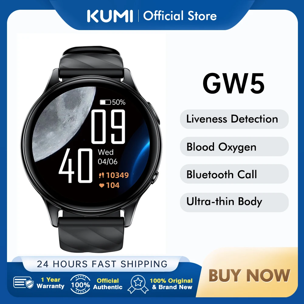 KUMI GW5 Smartwatch 1.39 Inch Ultra-thin Body Bluetooth 5.2 100+Sport Heart Rate Oxygen Monitor Waterproof IP68