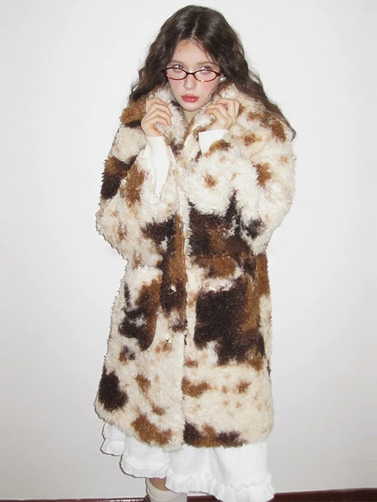 Warme Faux Pelz drehen-unten Kragen Mantel Frauen Mode Einreiher Lose Leopard Print Outwear Dame Herbst Winter Chic jacken