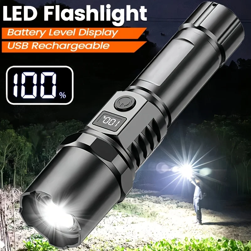 

Супер яркий светодиодный фонарик, перезаряжаемые через USB фонарики с тактическим зумом, мощный прожектор, уличный фонарь для кемпинга и рыбалки