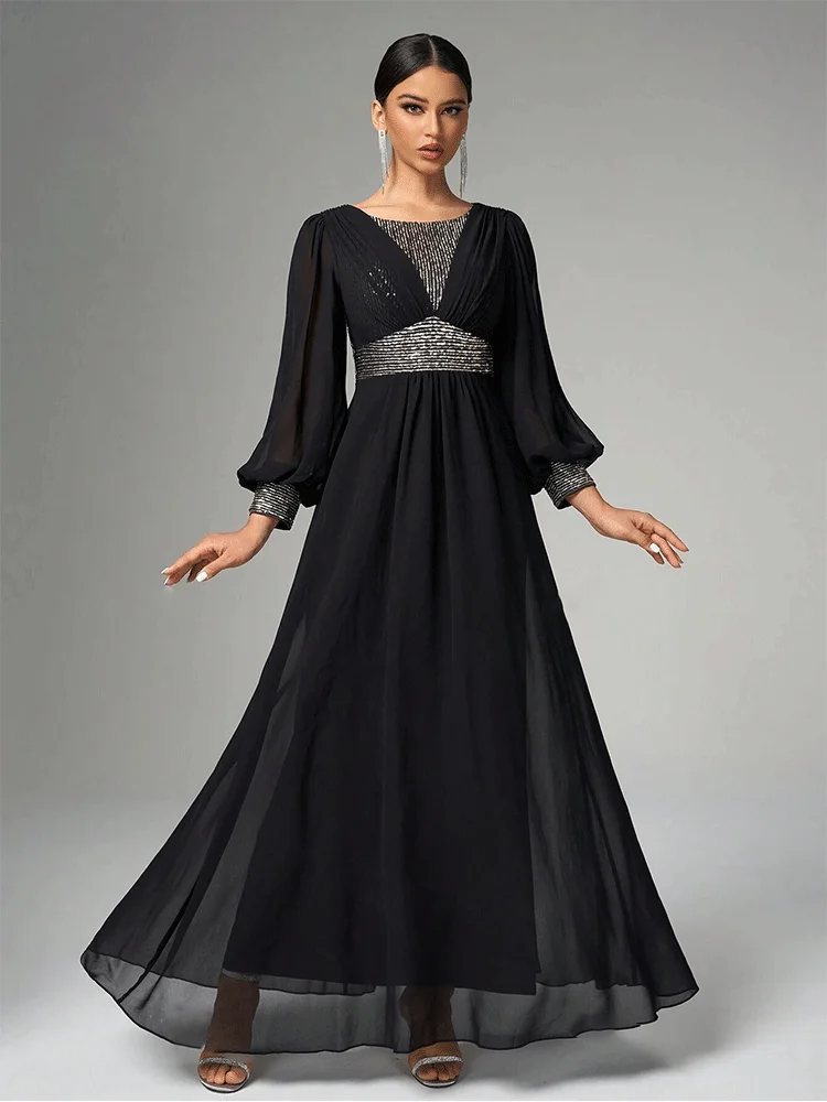 Round Neck Chiffon Long Sleeve Mesh Black Floor-Length Evening Dress 4xl5xl Banquet Shiny Sequin Evening Dress