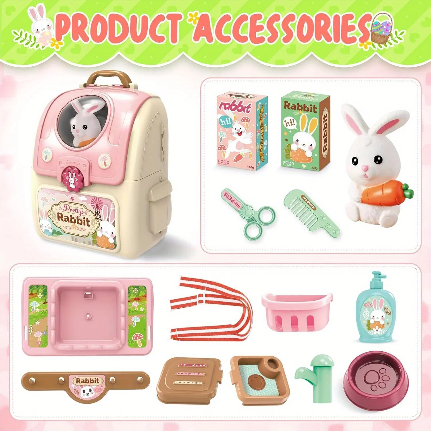 Pet Care Pretend Role Toys,Pet Bunny Carrier Backpack Toy Gifts,Bunny & Storage Backpack, Bunny Toys for Kids 3-6 Years Old