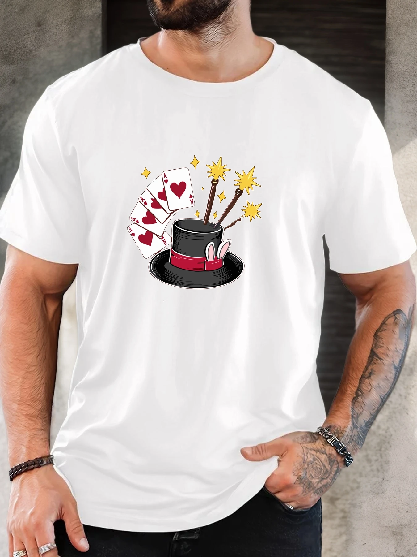 Men White Crew Neck Tee Magic Top Hat Rabbit Ear Heart Ace Cards Wand Sparkle Cartoon Soft Cotton Casual Male Short Sleeve Tops
