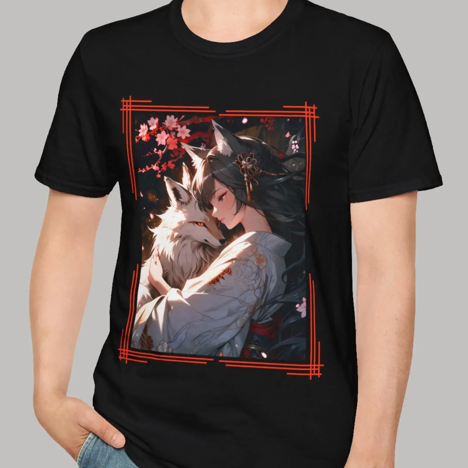 Anime Kitsune Girl T-Shirt, japanischer Fuchsgeselle, Fantasy-Kunst, Sakura-Blüte, Vintage-Look, lässige Streetwear