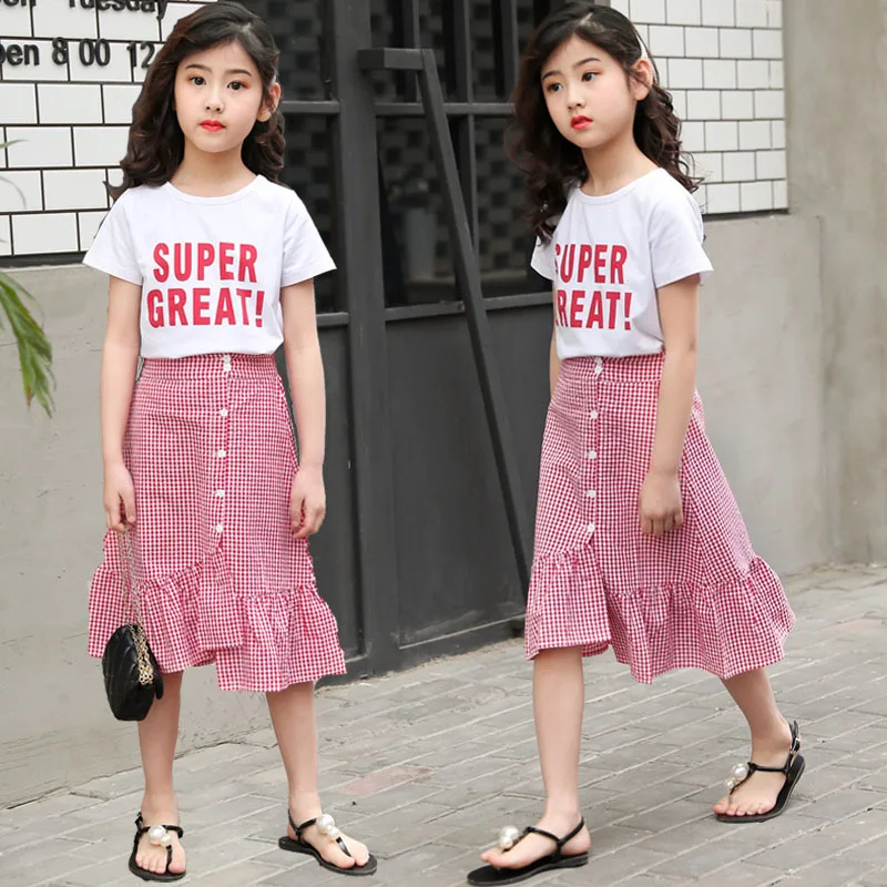 

2022 new Summer Clothes Kids Girls Fashion Outfit Children Cotton Letter T shirt + Split Plaid Skirts 5 6 7 8 9 10 11 12 13 year