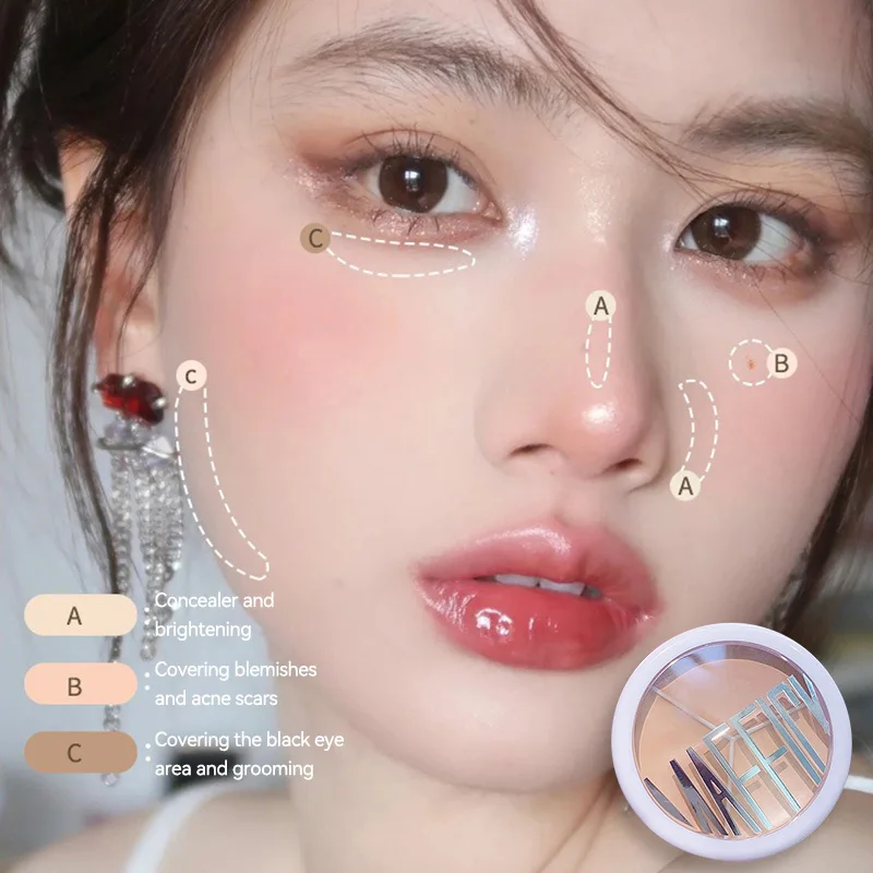 Maffick 3-Color Concealer, Provides Covering Concealer and Moisturizing, Covering Concealer with Concealer Foundation, Non-Fitting Powder, Also Available for Dry Impaired. Is Waterproof