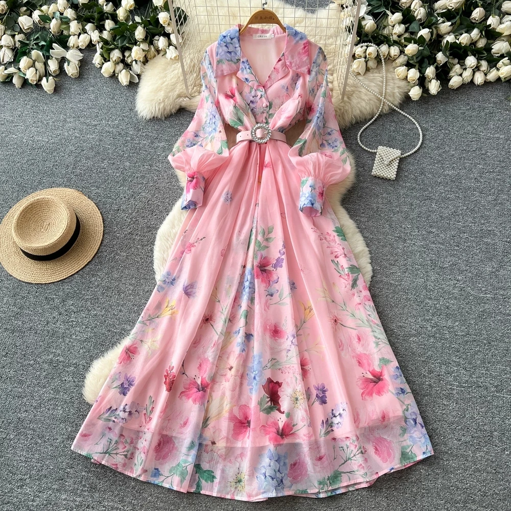 

2026 Spring Blue Floral Print Maxi Dress Women‘s Lapel Long Sleeve Belted A-Line Chiffon Dress Elegant Vacation Party Vestidos