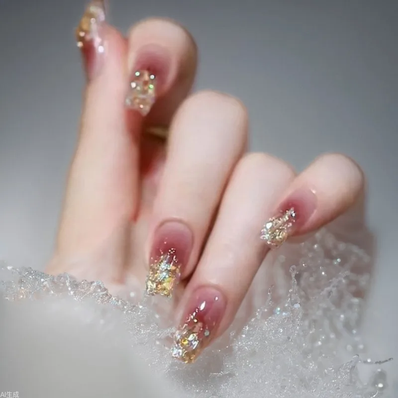 24 Uds Aurora puntas de uñas postizas de Ballet de longitud media brillo juego de uñas con rubor prensa en polvo brillante Simple diseño ataúd uñas postizas