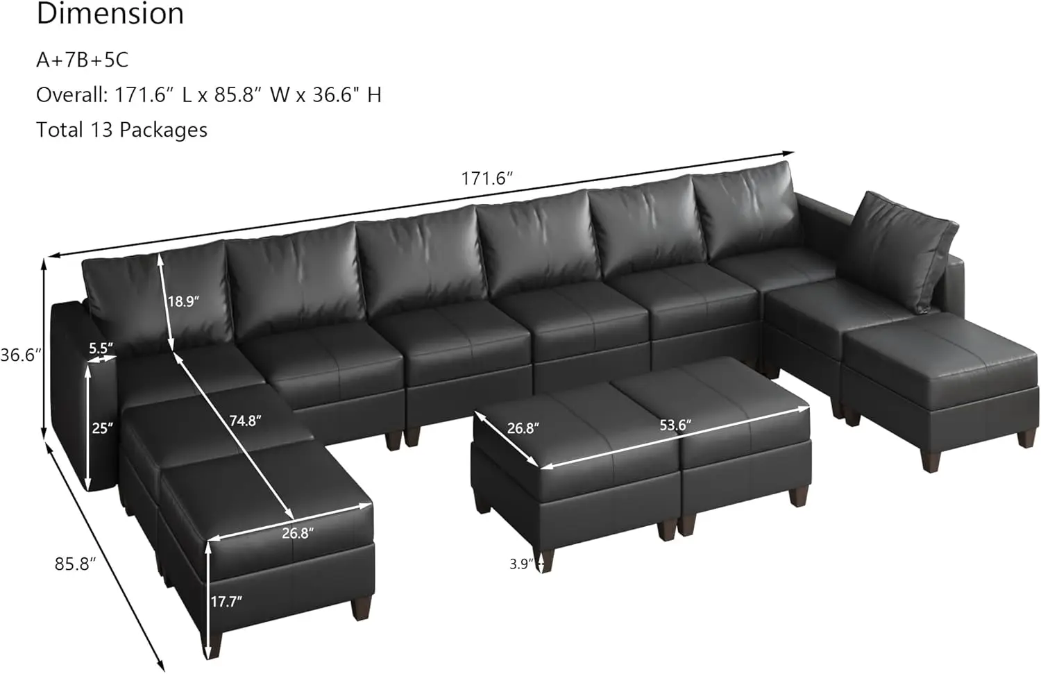 versized Sectional Sofa Modular Couch with Reversible Chaises, Black Faux Leather Sectional Sofa 12 Seat U Shaped Sectional