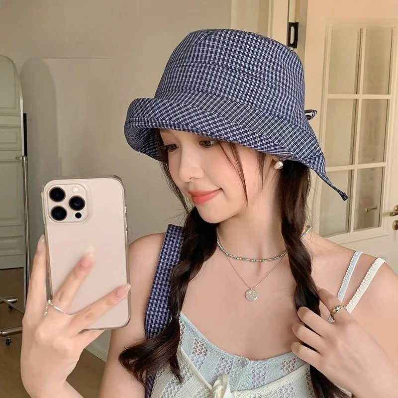 

Hat Women's 2025 New Plaid Fisherman Hat Women's Summer Face Cover Sunscreen Hat Breathable Face Small Sun Hat Camping Sun Hat