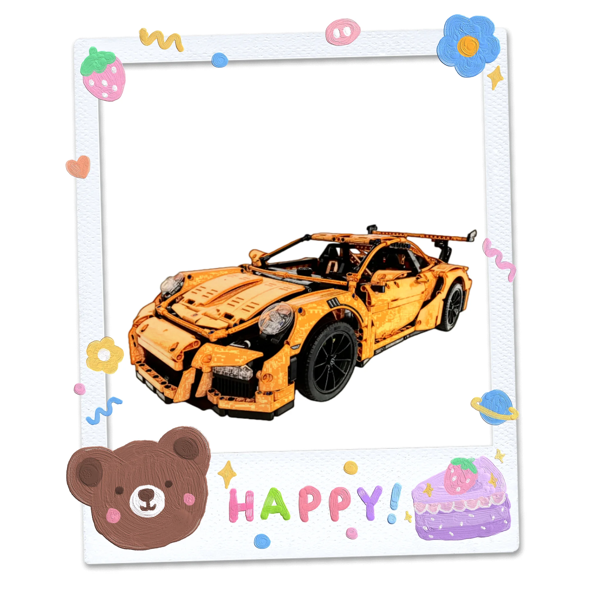 Home decoration, orange car-shaped building model, educational and mechanical assembly toy, suitable for children, boys, buildin