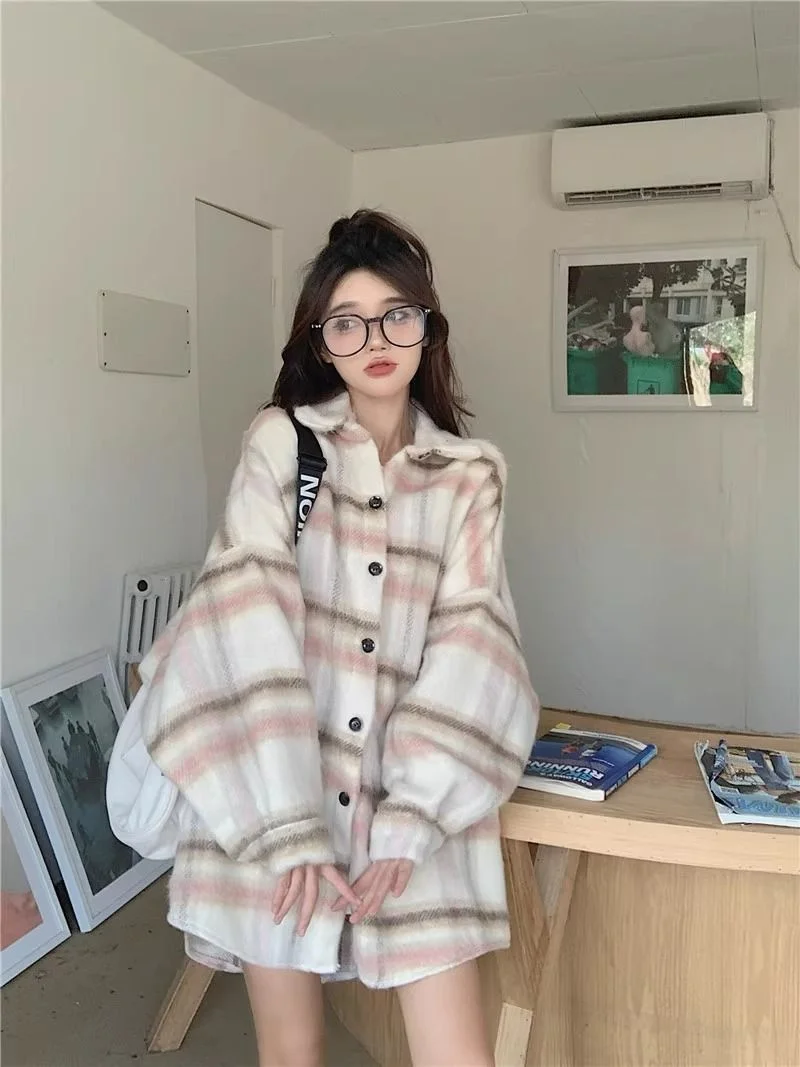 

Lazy Woolen Plaid Shirt Women's Autumn And Winter Fat Casual Loose Shirt Cardigan Jacket