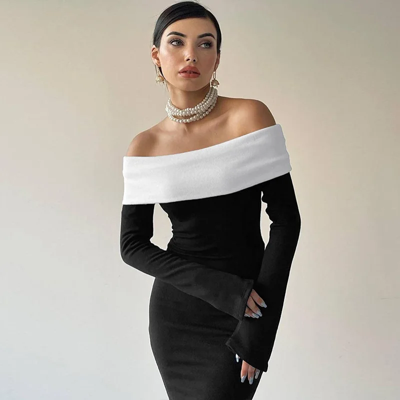 Moda francesa clássico bloco de cores em camadas manga bustier bodycon elegante vestido longo