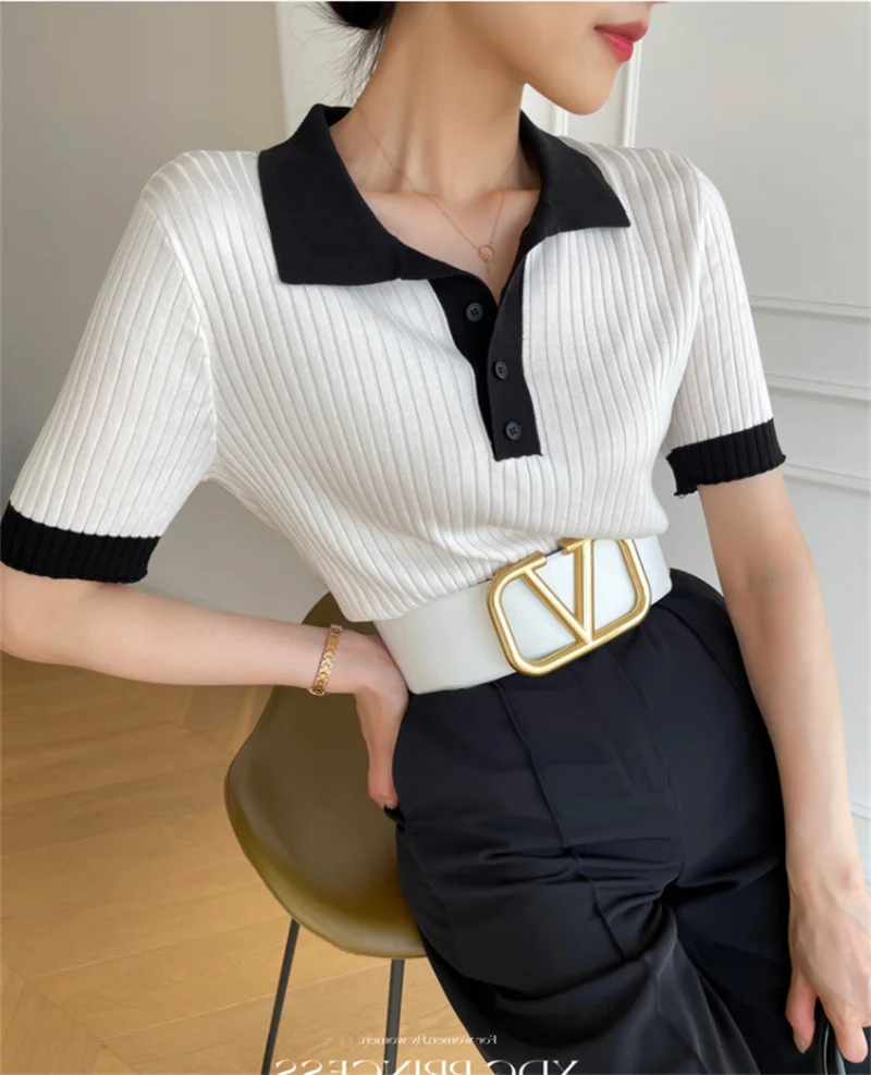 

Summer Women Wear Color Polo Collar Ice Silk Knit Short-sleeved T-shirt French Senior Sense Slim Temperament Thin Shoulder Coat