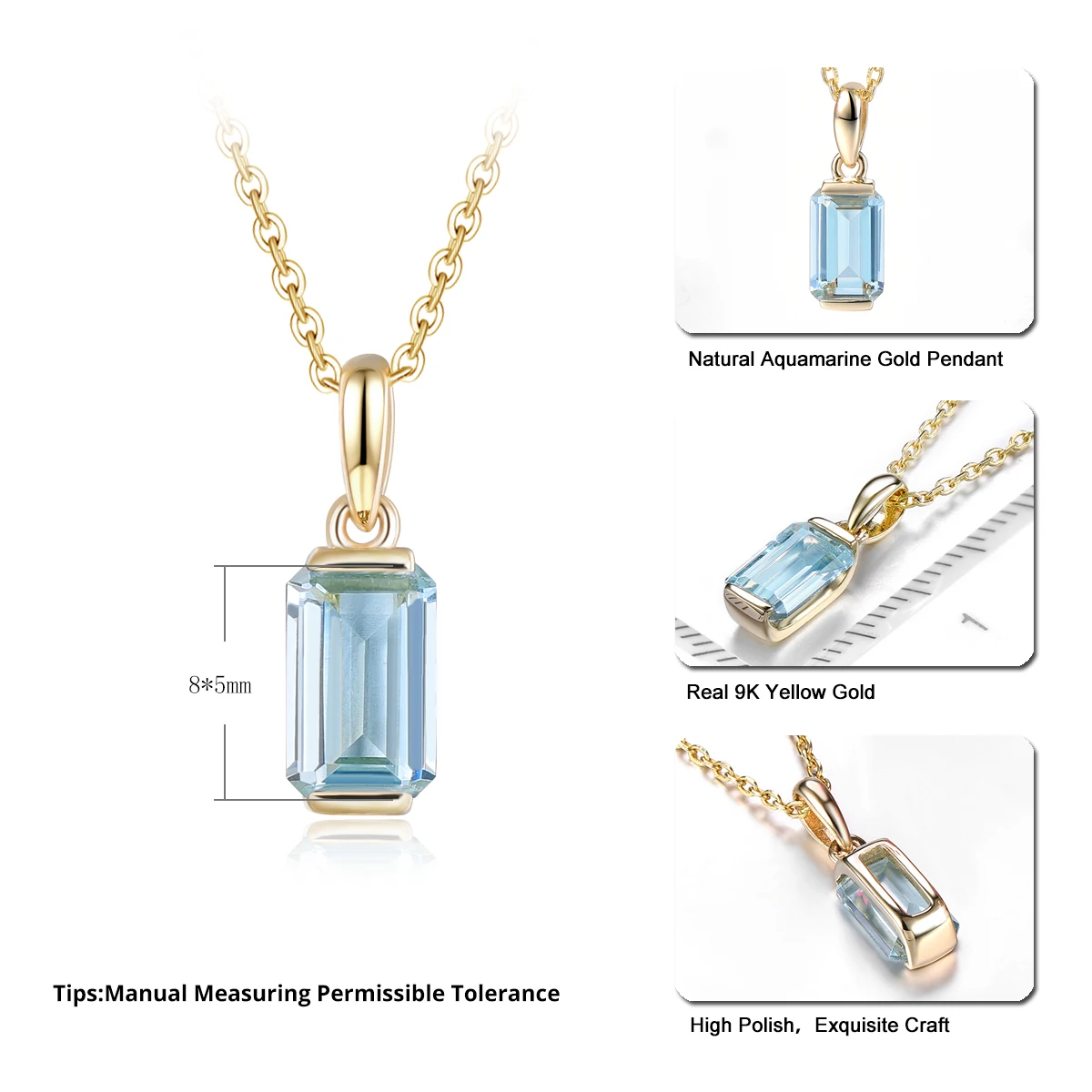 Lohaspie Natural Aquamarine Light Blue Gemstone Real 9K Yellow Gold Pendant 1.8 Carats Genuine Aquamarine Women Classic Gifts